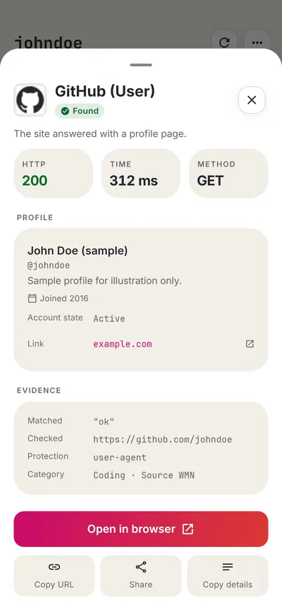Android app showing the details of a found profile