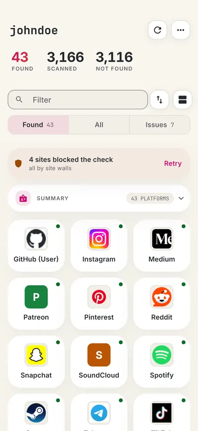 Android app showing found profiles
